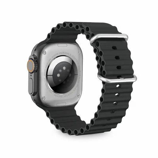 Sleek and modern smartwatch with a black silicone band, featuring a circular face and silver metal accents. The device appears to be the Smartwatch KSIX Urban Plus 2,05" Bluetooth 5.0 270 mAh Black, as described in the product information provided.