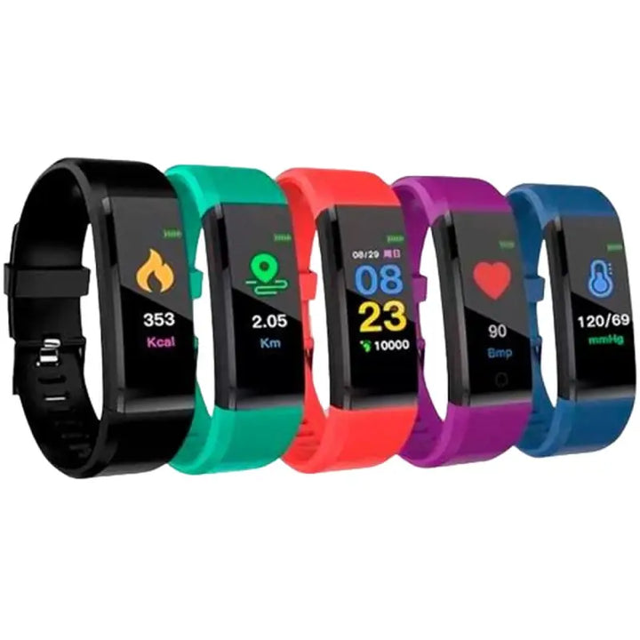 Colorful, sleek smartwatches with various fitness tracking features displayed on a white background. The smartwatches come in black, green, red, purple, and blue color options, showcasing their dynamic and stylish designs.