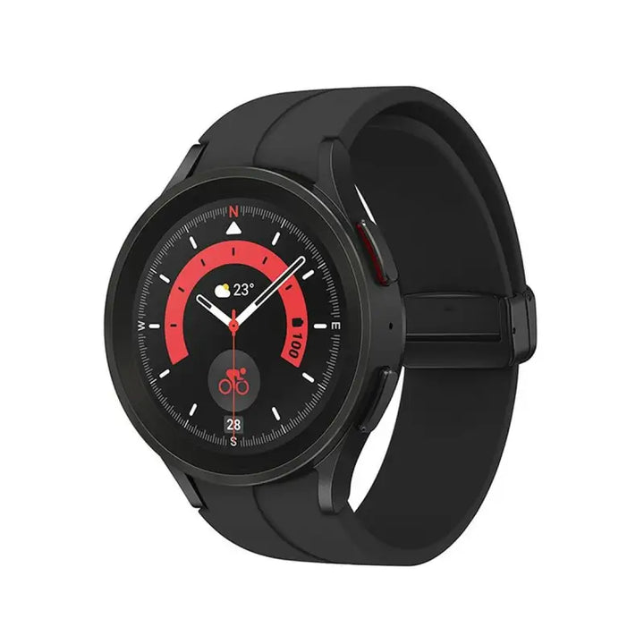 Stylish smartwatch with sleek black design. Circular display shows various functions and metrics, suggesting advanced features. The watch is placed on a plain background, allowing the product to be the focus of attention.