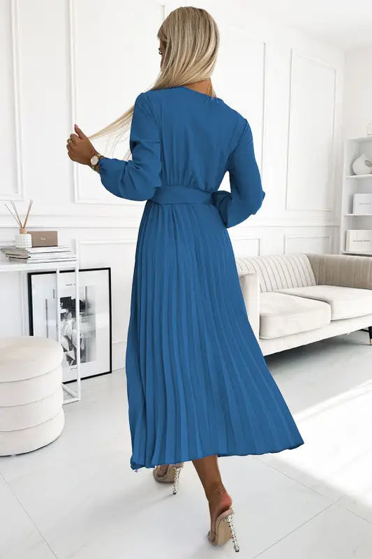 504-5 VIVIANA Pleated midi dress with a neckline, long sleeves and a wide belt - JEANS - Livre e Solta Fashion