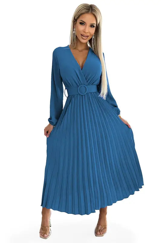 504-5 VIVIANA Pleated midi dress with a neckline, long sleeves and a wide belt - JEANS - Livre e Solta Fashion