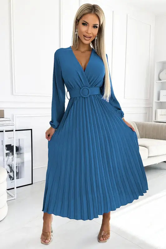 504-5 VIVIANA Pleated midi dress with a neckline, long sleeves and a wide belt - JEANS - Livre e Solta Fashion