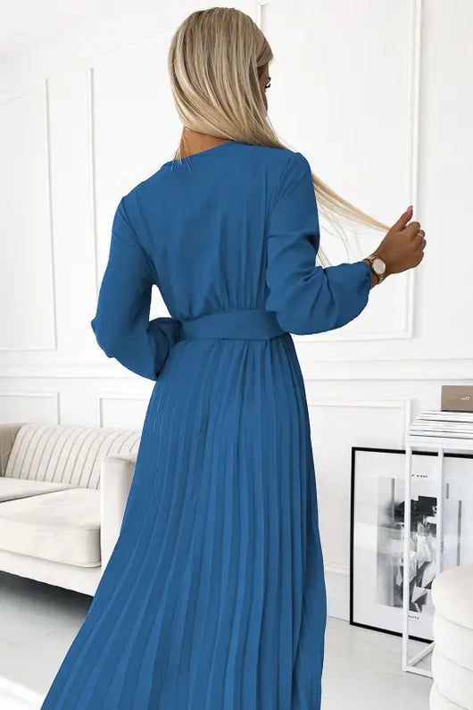 504-5 VIVIANA Pleated midi dress with a neckline, long sleeves and a wide belt - JEANS - Livre e Solta Fashion