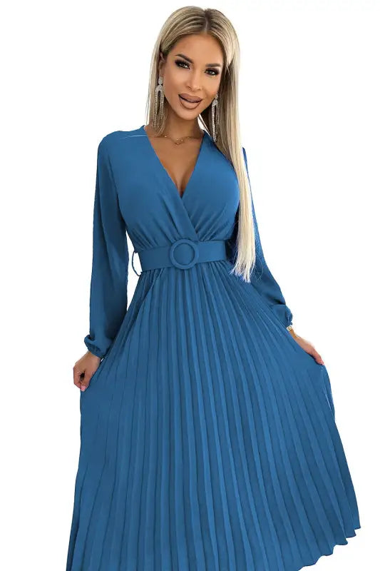 504-5 VIVIANA Pleated midi dress with a neckline, long sleeves and a wide belt - JEANS - Livre e Solta Fashion