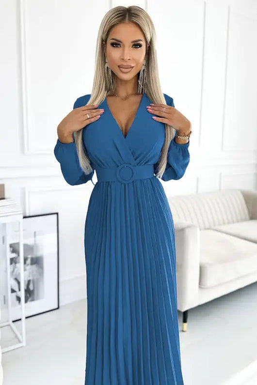 504-5 VIVIANA Pleated midi dress with a neckline, long sleeves and a wide belt - JEANS - Livre e Solta Fashion