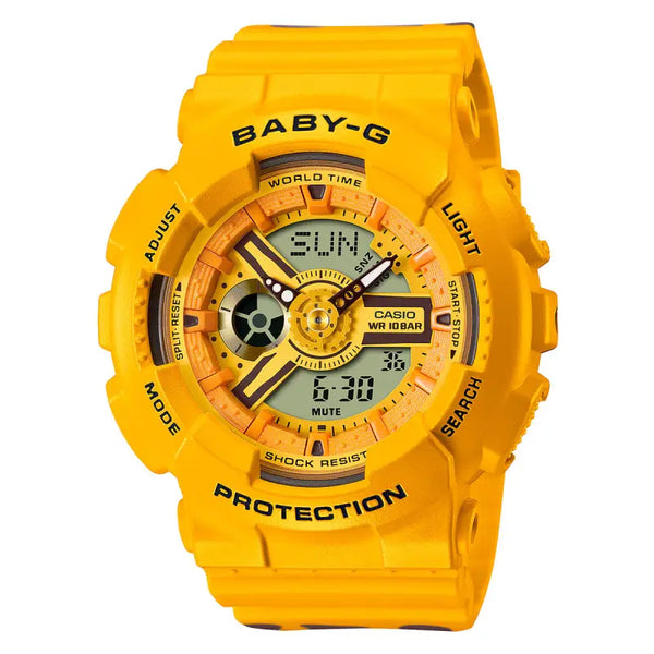 Striking yellow Casio Baby-G BA-110XSLC-9AE watch with bold digital and analog display, shock-resistant design, and world time function.