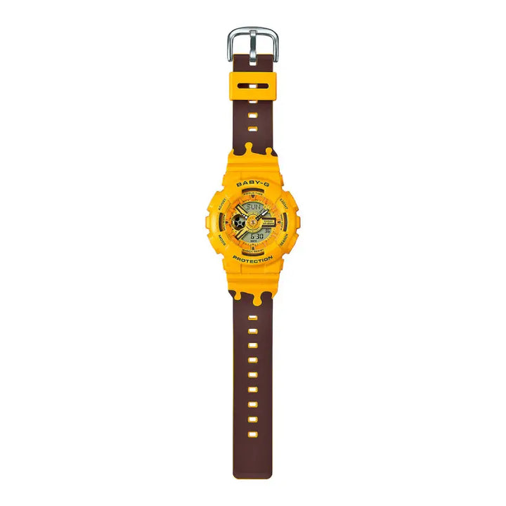 Eye-catching unisex watch with bold yellow casing, practical features, and stylish brown leather strap.