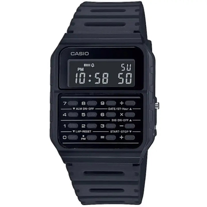 Sleek black unisex Casio calculator digital watch with simple yet functional design.