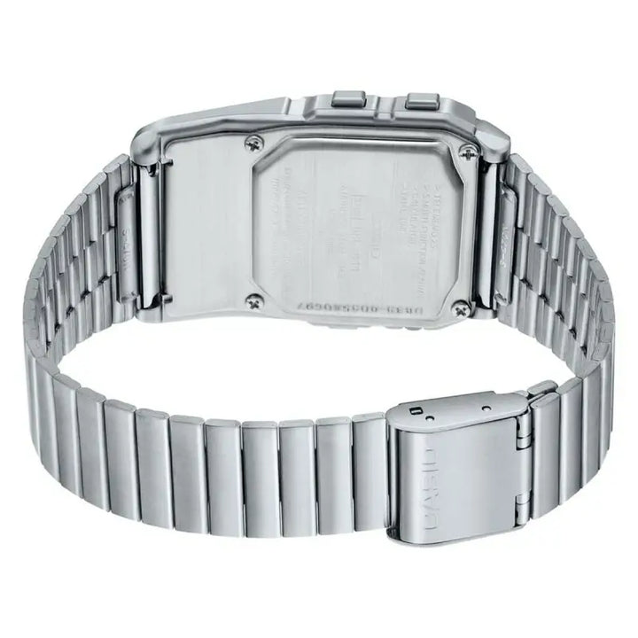 Stainless steel digital sports watch with a calculator function, featuring a rectangular brushed metal case and a metal link bracelet band.