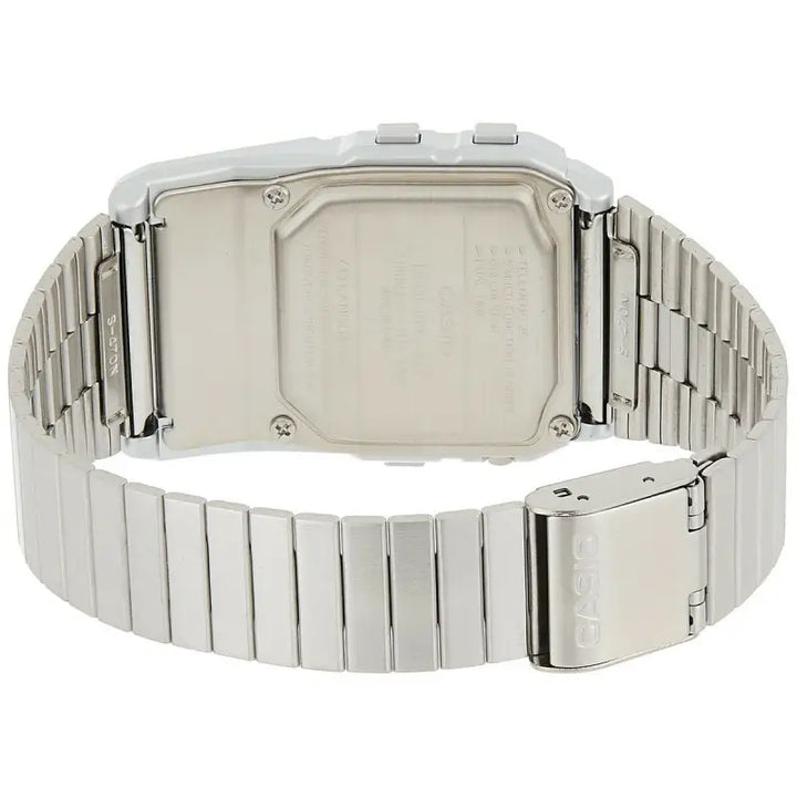 Stainless steel digital watch with a calculator display on the matt grey case, showcasing a modern and functional design.