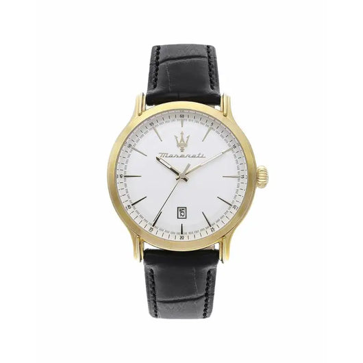 Elegant gold-toned Maserati unisex watch with a white dial and black leather strap displayed on a plain background.