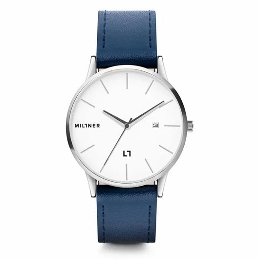 Stylish unisex watch Millner 0010507 RODNEY with a silver stainless steel case, white dial, and navy blue leather strap displayed on a plain background.