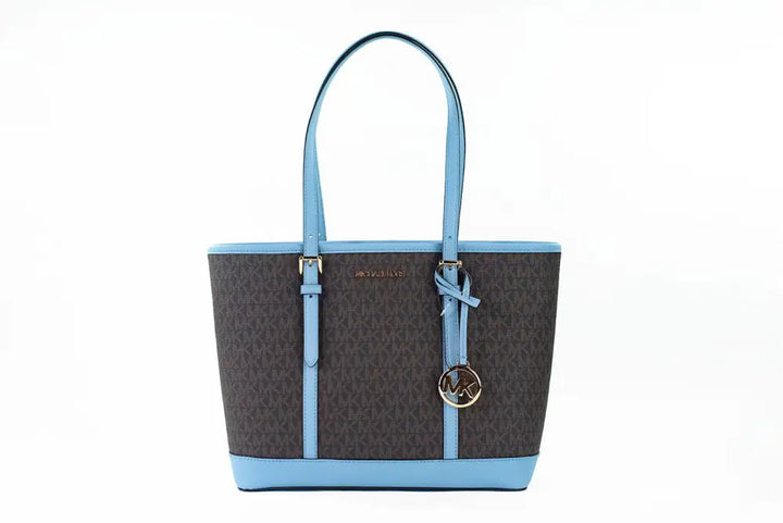 Michael Kors Jet Set Travel Small Pale Blue Brown PVC Shoulder Tote Bag Purse - Livre e Solta Fashion