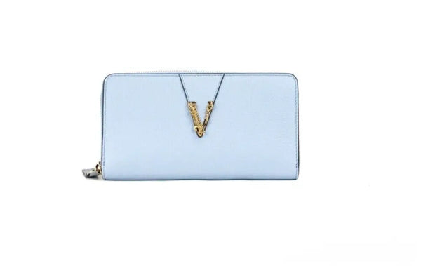 Versace Large Cornflower Grainy Leather Gold Monogram Zip Around Clutch Wallet - Livre e Solta Fashion