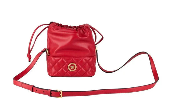 Versace Red Quilted Leather Drawstring Shoulder Bag Bucket Crossbody Handbag - Livre e Solta Fashion