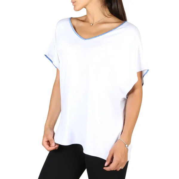 White V-Neck T-Shirt with Blue Trim for Fashion Enthusiasts