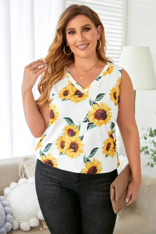 Yellow Sunflower Print V Neck Plus Size Tank - Livre e Solta Fashion