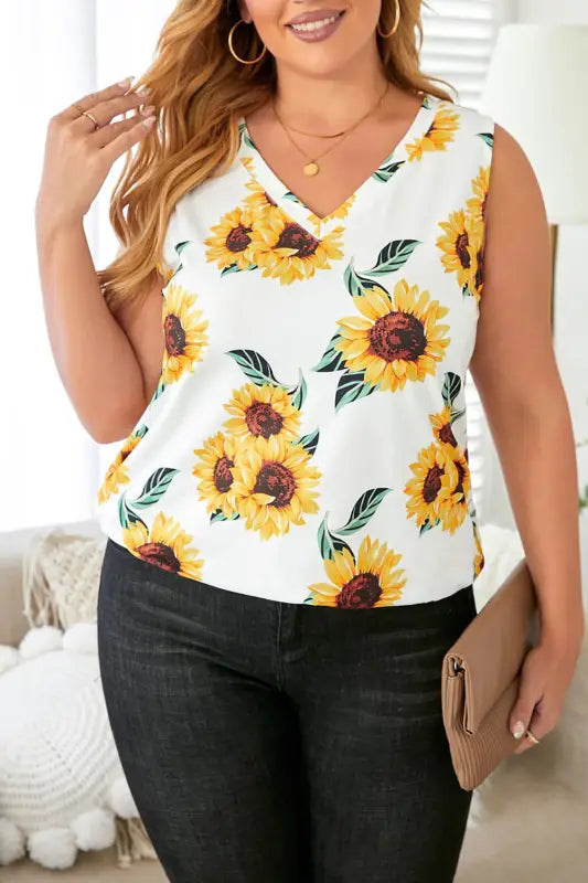 Yellow Sunflower Print V Neck Plus Size Tank - Livre e Solta Fashion