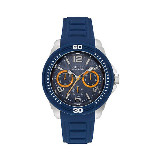 Relógio masculino Guess W0967G2com diâmetro de 46 mm, com pulseira de borracha azul-marinho e detalhes em laranja. Mostra design esportivo e moderno da Livre e Solta Fashion.